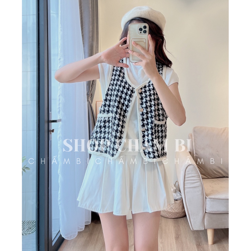 Áo Gile nữ A.367, Áo họa tiết kẻ caro viền trắng túi hông 1 lớp cực xinh (không kèm áo trong) - Thời trang nữ Chấm Bi