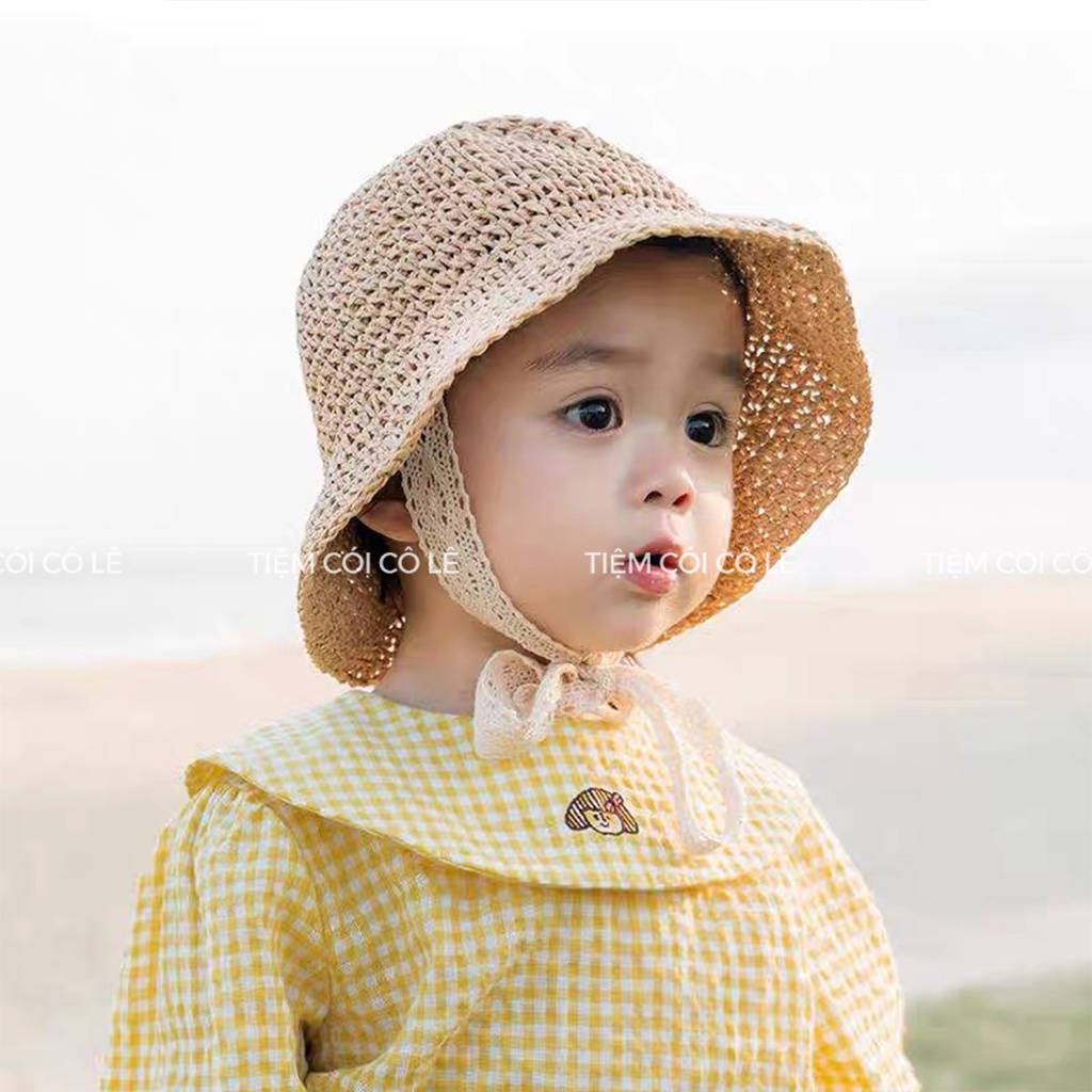 Nón cói em bé thắt dây nơ, mũ cói trẻ em đi biển cho bé 2-4 tuổi - Tiệm Cói Cô Lê