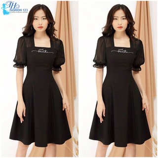 Đầm xòe nhẹ tay ngắn cổ vuông phối chữ thêu công sở dự tiệc dạo phố TH311