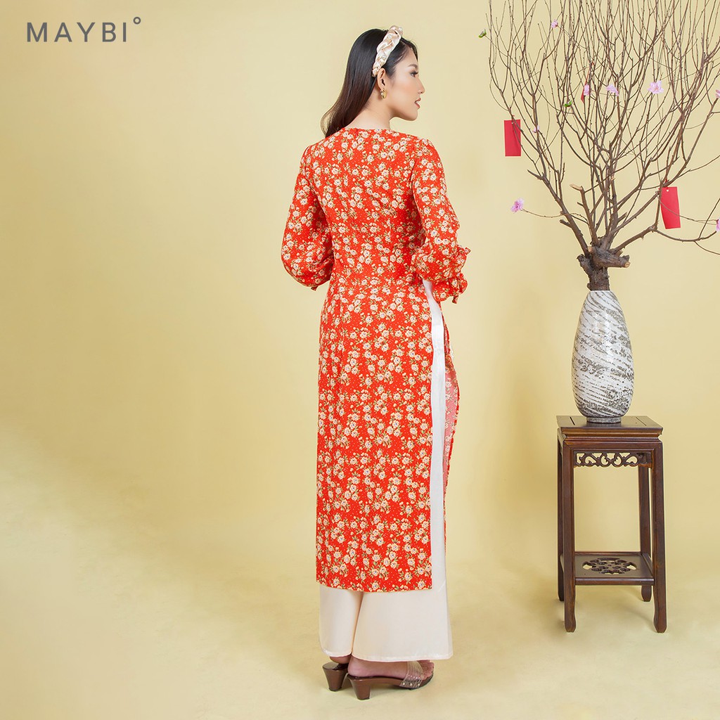 Áo dài Maybi hoạ tiết hoa nền đỏ tay phồng dài phối nơ