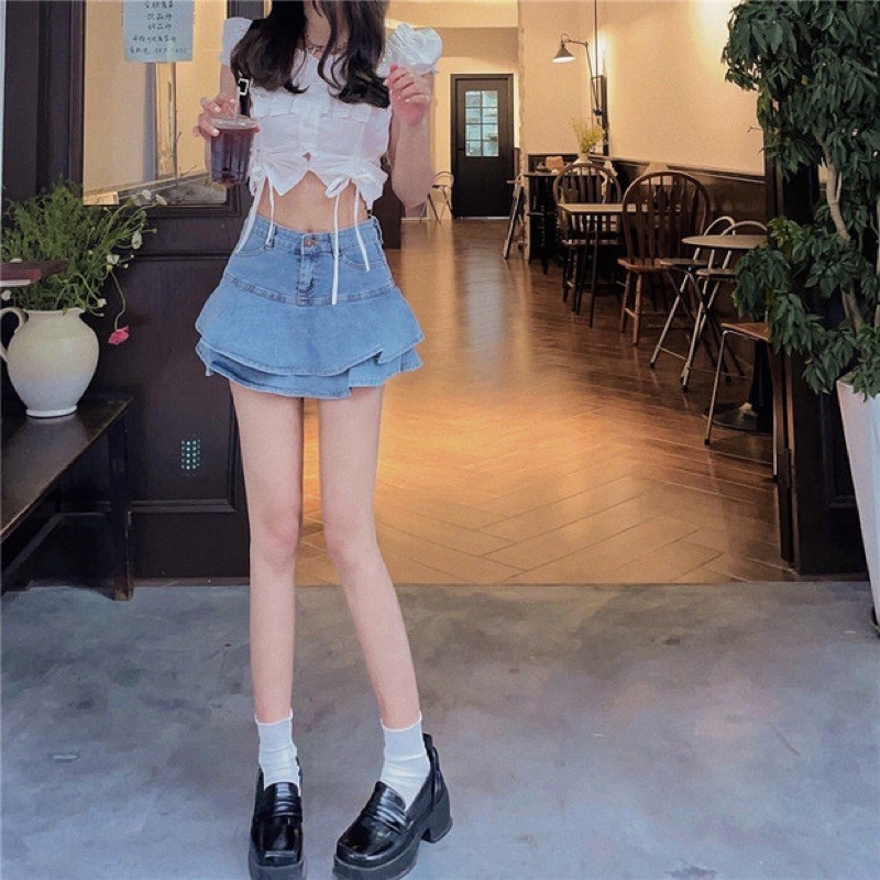 ULZZANG Chân váy jean xoè ulzzang xếp tầng hot trend 2021