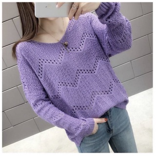 MS317 Áo len lỗ zigzag cổ tim dáng suông