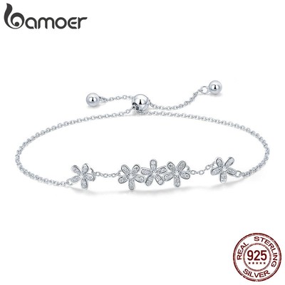Lắc tay Bamoer bằng bạc thật 925 kiểu hoa cúc đính đá zircon xinh xắn cho nữ SCB084