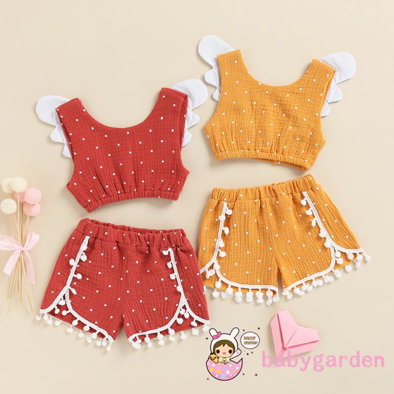 Bộ áo croptop không tay họa tiết chấm bi + quần short cotton thời trang mùa hè cho bé gái