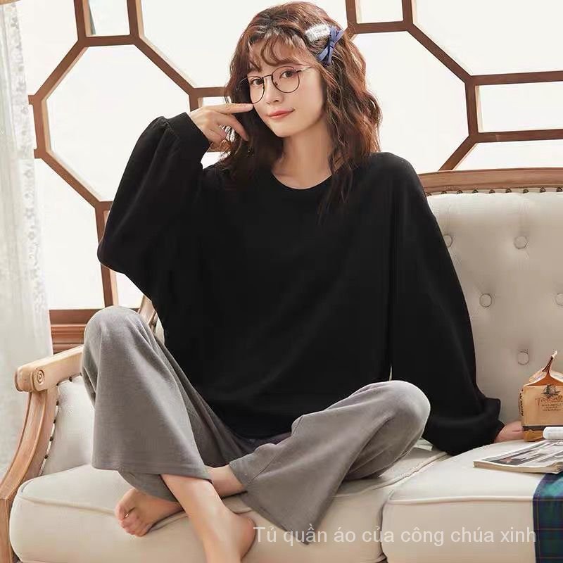 Bộ Đồ Ngủ Tay Dài Form Rộng In Họa Tiết Hoạt Hình Phong Cách Hàn Quốc Cho Nữ
