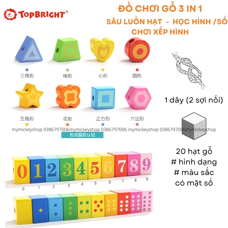 Bộ đồ chơi gỗ luồn hạt xỏ dây xâu xếp hình học số topbright Caterpillar Lacing Blocks 7715 chú sâu háu ăn bé 18 tháng