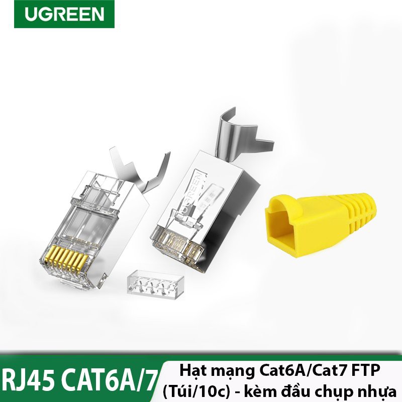 Đầu bấm dây mạng Cat6A Chính hãng Ugreen 70316(Chuẩn RJ45 túi/10 cái+đầu chụp nhựa)