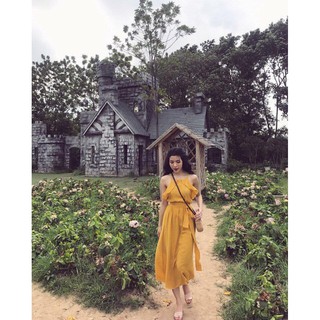 Váy midi cổ yếm thắt đai zara