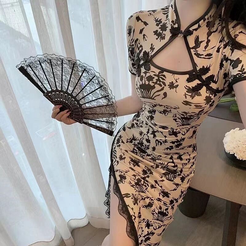 Đầm Sườn Xám Tay Ngắn Phối Ren Hoa Phong Cách Vintage