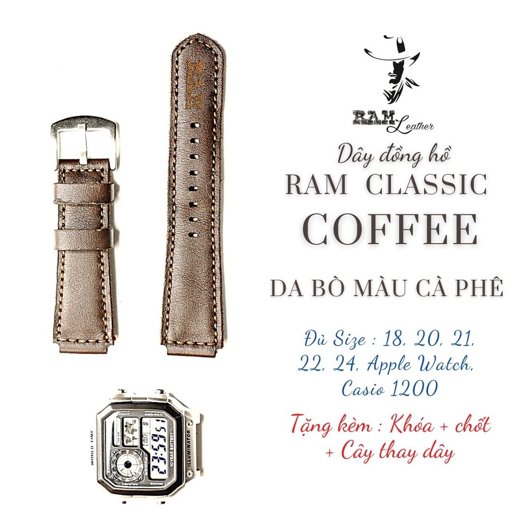 Dây đồng hồ RAM Leather vintage da bò màu cà phê