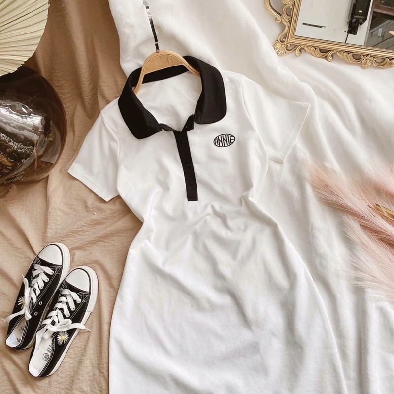 [Mã WAMT1505 giảm 10K đơn 0K] Đầm thun ôm suông trắng cổ polo xanh có thêu logo D3 | BigBuy360 - bigbuy360.vn