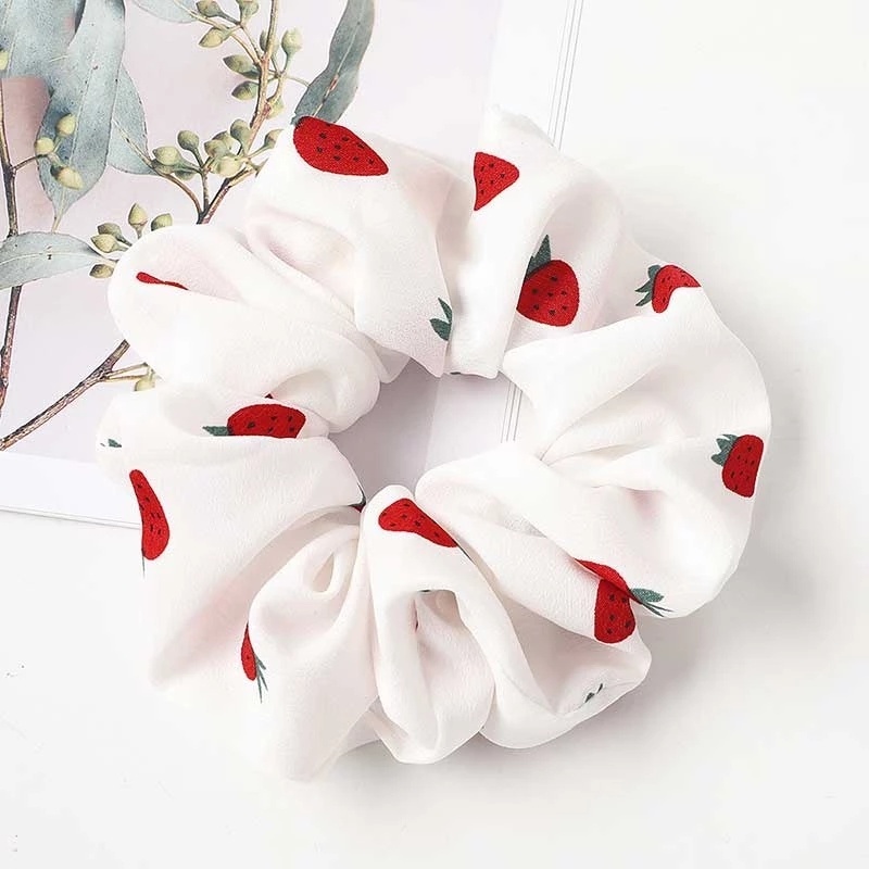 Dây Buộc Tóc Vải Voan Họa Tiết Dâu Tây Dễ Thương Phong Cách Hàn Quốc