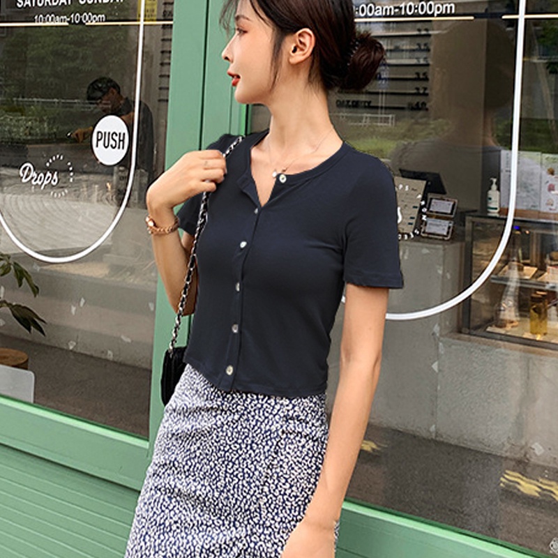 Áo Croptop Tay Ngắn Có Cúc Madela, Croptop nữ tay ngắn cài khuy cúc cá tính