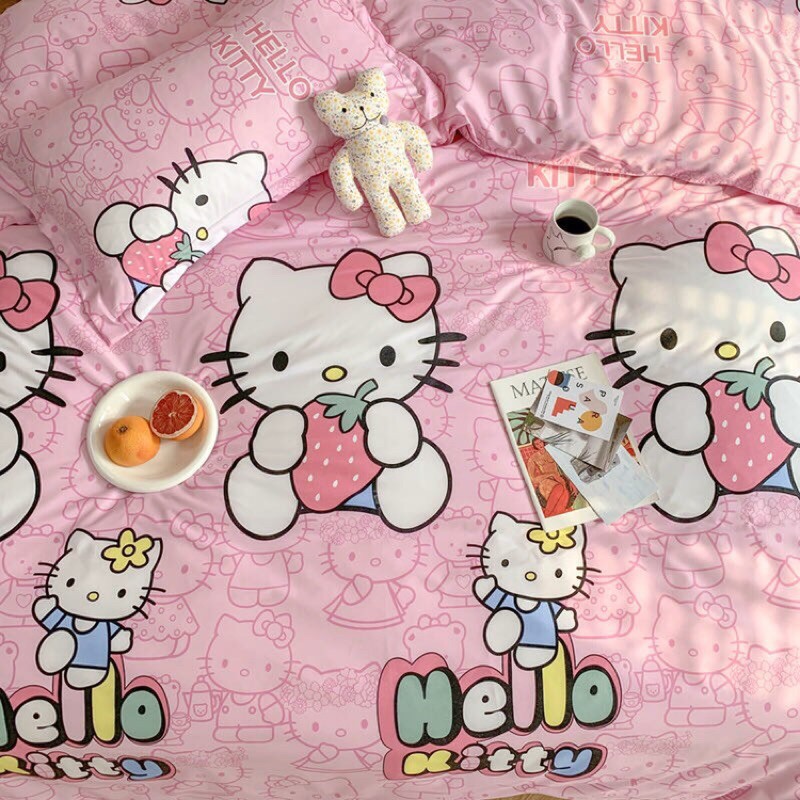 Bộ chăn ga poly nhập khẩu có ruột dày-mẫu Hello Kitty