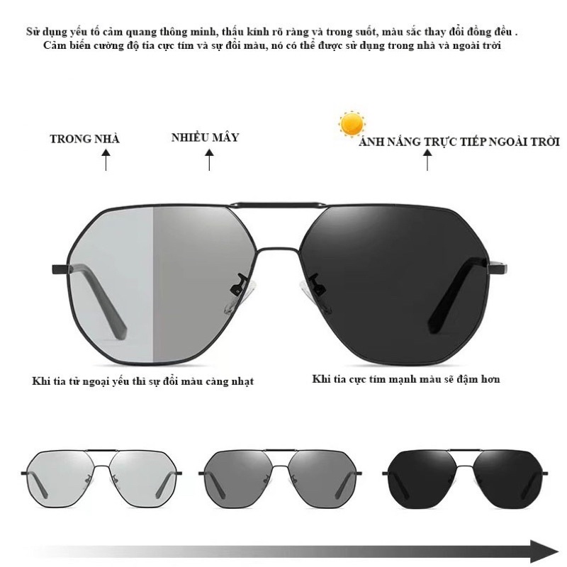 Kính mát nam đổi màu M19 kiểu dáng phi công thời trang sành điệu chống tia UV cực tím gọng thép cao cấp