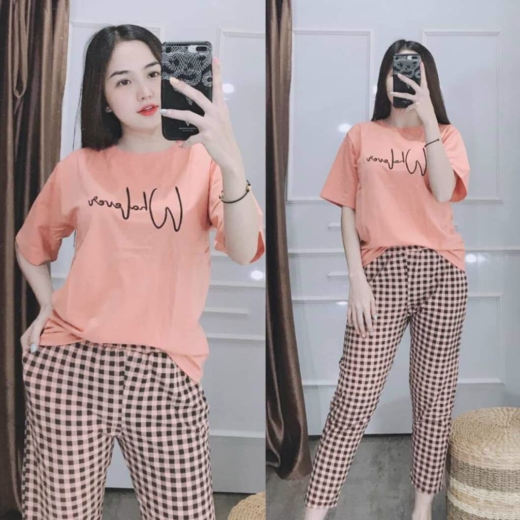 Đồ bộ nữ đồ mặc nhà Bigsize thun cotton chữ thêu quần dài carô co giãn Sét đồ bộ nữ dễ thương trung niên ESHOP DB05