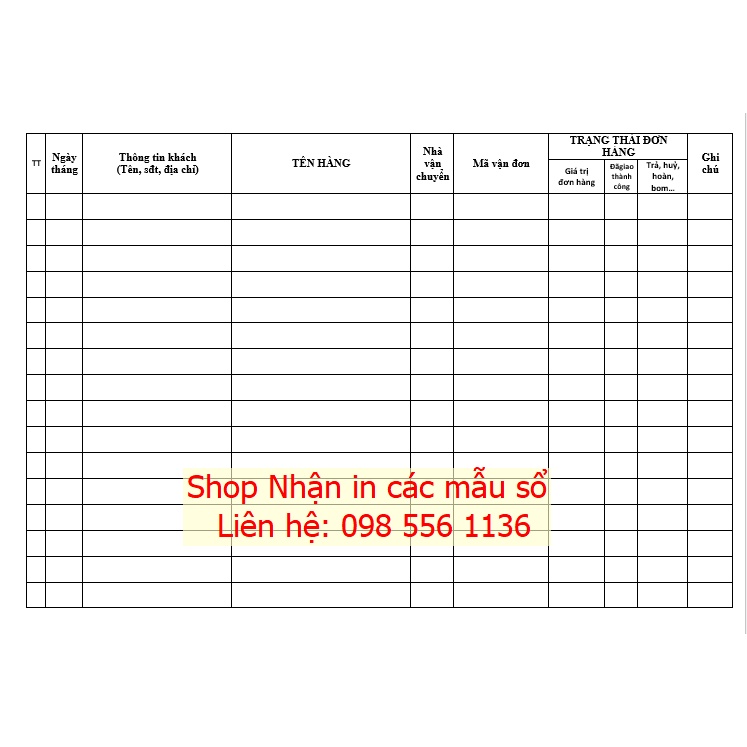 Sổ theo dõi Đơn hàng SHOPEE in 1 mặt A4