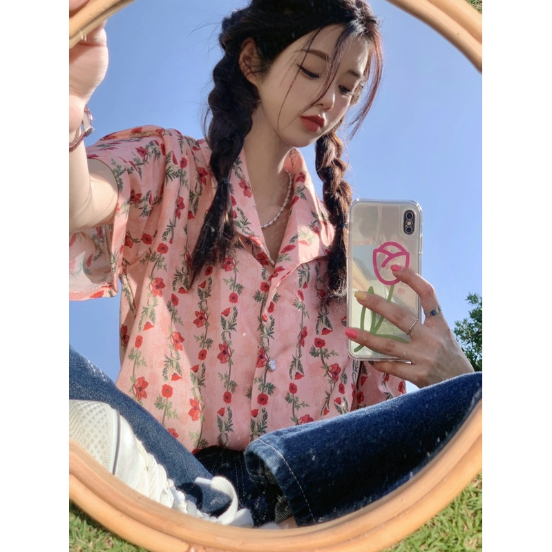 Áo Sơ Mi Tay Ngắn Họa Tiết Hoa Phong Cách retro Thời Trang Hàn Quốc Cho Nữ
