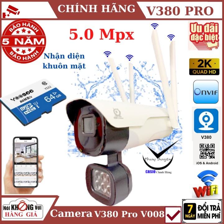 Camera wifi ngoài trời 4 râu 5.0Mpx V380 Pro - V008 , Nhận diện khuôn mặt , cảnh báo chống trộm, chống nước ip65