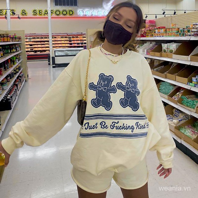 Set áo tay dài dáng rộng in chữ + quần short trơn màu thời trang cho nữ