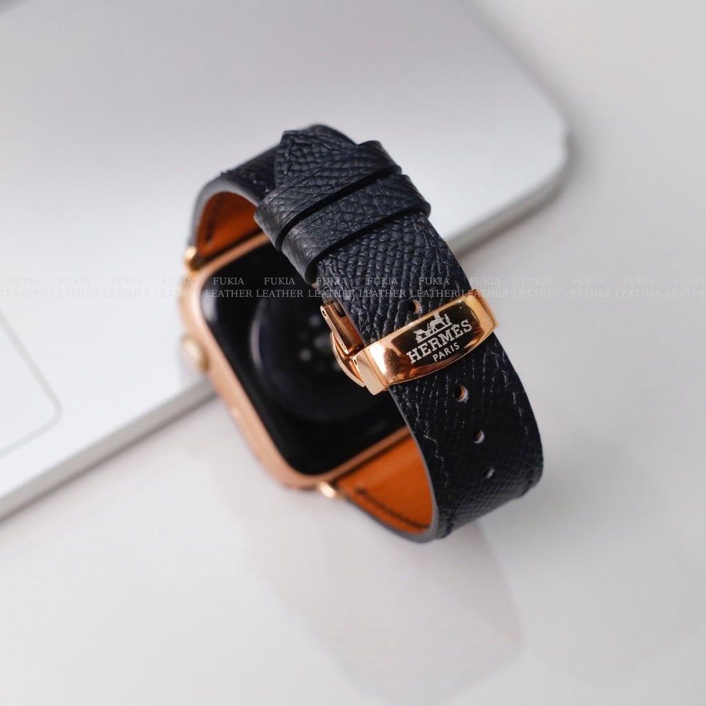 Dây da thủ công Epsom Đen dành cho Apple Watch, đồng hồ thông minh, đồng hồ cơ