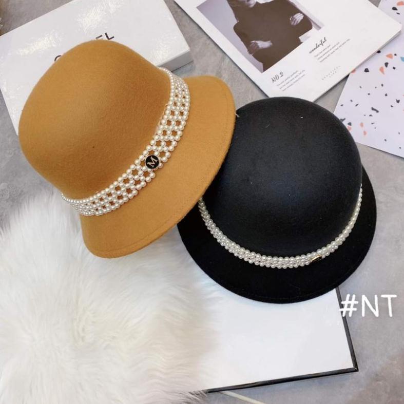 Mũ dạ vành cụp đai ngọc gắn hoa cao cấp siêu hot