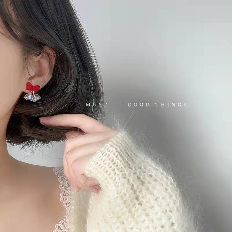 Khuyên Tai Bạc 925 Hình Nơ Đỏ Đính Đá Pha Lê Giáng Sinh Năm Mới Chất Lượng Cao Bán Sỉ