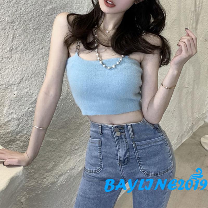 BAY-Áo croptop cổ chữ U màu trơn dây xích kim loại cho nữ