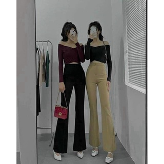 Quần ống loe cạp cao 2 cúc dáng dài