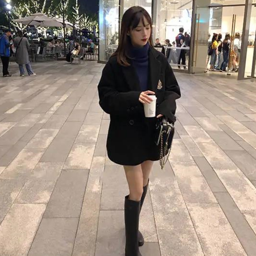 Áo Khoác Len Màu Đen Dáng Rộng Thời Trang Hàn Quốc Cho Nữ