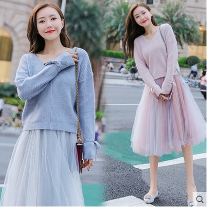 Sét áo len chân váy voan xoè vạn người mê