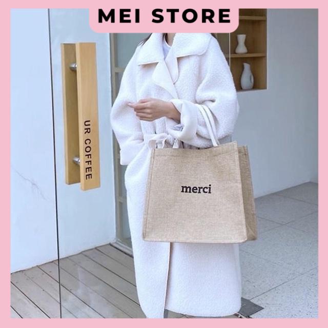 Túi Cói Merci Loại 1 Màu Sáng, Có Đệm Đáy Giữ Form Túi, Có Lót