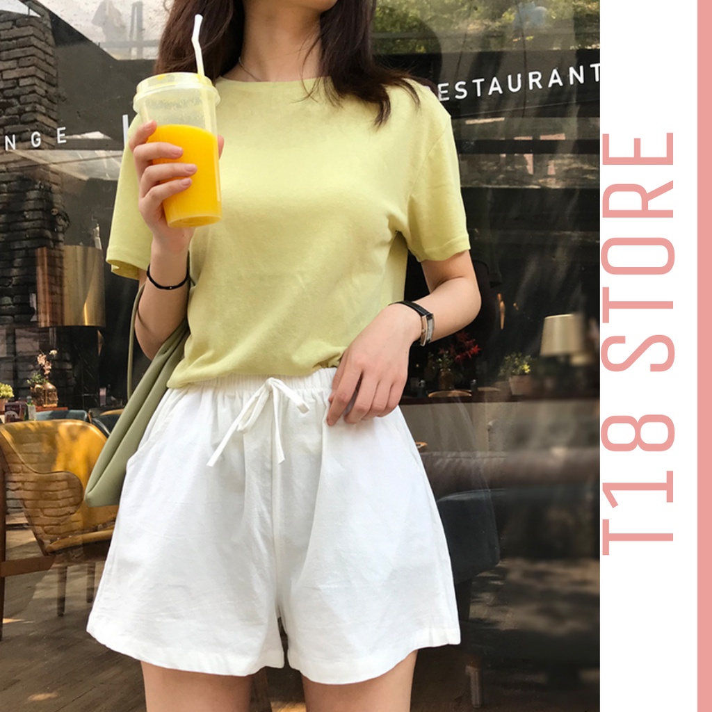 Quần short đũi ngắn thắt nơ, quần sooc đùi nữ có túi ống rộng cạp chun mềm mịn thoải mái T18 STORE QD07