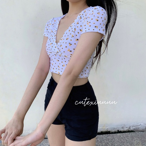 [SET 2 MÓN] Set áo croptop hoa nhí cổ tim chữ V + quần jeans thời trang nữ ulzzang năng động sexy mùa hè đi chơi basic