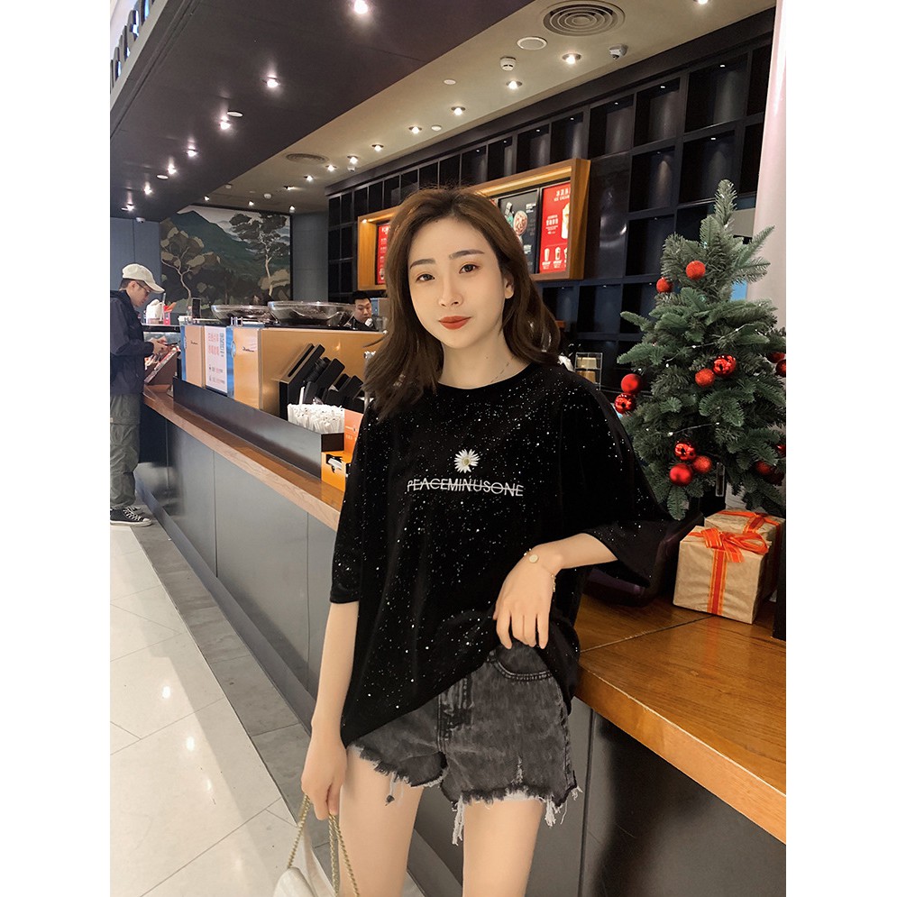 Áo Phông Dáng Rộng Nhũ Thêu Hoa Cúc 🦋FREESHIP🦋 Áo Thun Cộc Tay Unisex Nam+Nữ | BigBuy360 - bigbuy360.vn