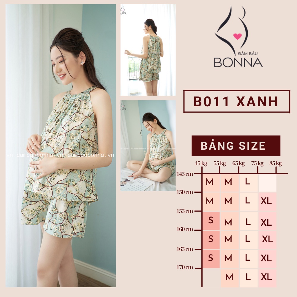 Bộ đồ bầu dáng ngắn BONNA chất lụa Hàn cao cấp, quần có chun cúc điều chỉnh, thiết kế cổ yếm có khuy cài dễ mặc B011