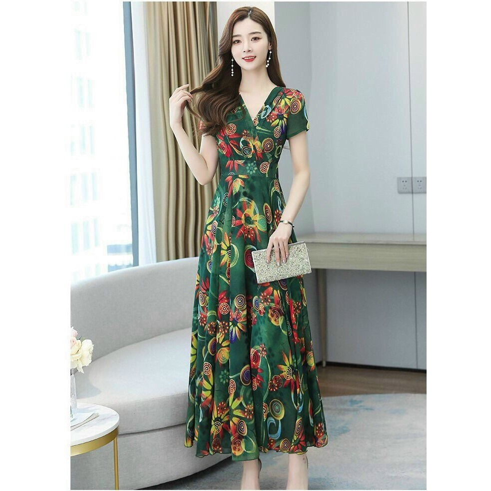 HÀNG QC - ĐẦM XÒE MAXI HOA CỔ ĐẮP CHÉO - ZBT148370