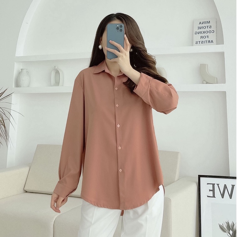 Áo sơ mi nữ, áo dài tay công sở form rộng vải lụa cao cấp, dáng dài phong cách Hàn MISS CLOTHINGS SM-10 | BigBuy360 - bigbuy360.vn