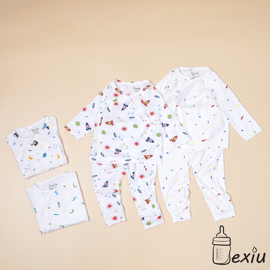 Bộ đồ cài lệch tay dài in rơi Bexiu - Quần Áo Trẻ Sơ Sinh  Vải Cotton Lạnh Cao Cấp Cho Bé Trai Và Gái Từ 4-9 kg