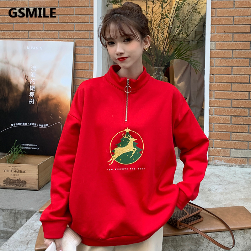 Áo Sweater Tay Dài Dáng Rộng Cổ Khóa Kéo Phong Cách Hàn Quốc Thời Trang Giáng Sinh 3 Kiểu Lựa Chọn