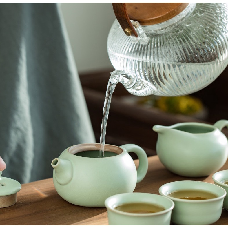 Bộ ấm chén sứ pha trà đạo Phong cách Nhật Bản Họa Tiết Men Ngọc