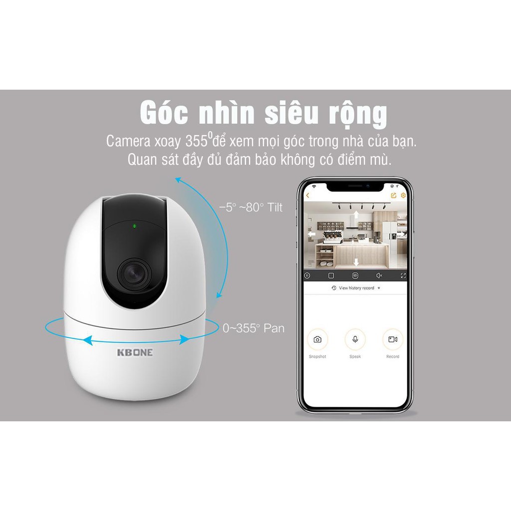 Camera Wifi không dây KBONE KN-H21PA HD 2MP , xoay 360 độ, âm thanh 2 chiều