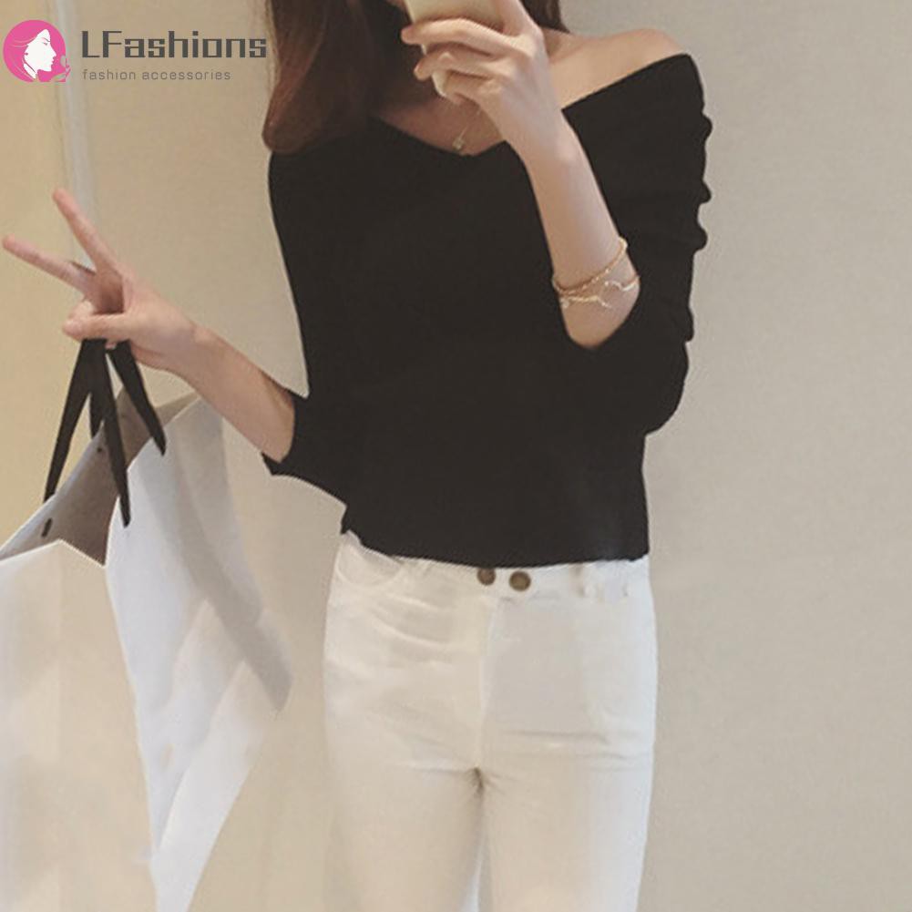 [Lfashions] Autumn Women Off Shoulder V-Neck Knit Tops Long Sleeve Pullover Sweaters | BigBuy360 - bigbuy360.vn