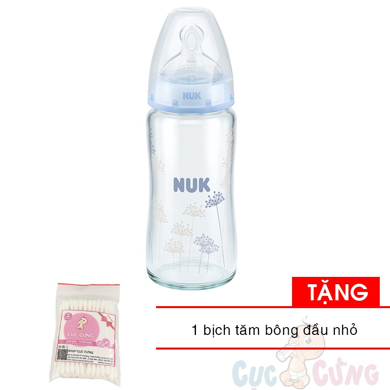 Bình sữa Nuk thủy tinh cổ rộng 240ml ty silicone - màu xanh dương - Tặng 1 tăm bông đầu nhỏ cho bé
