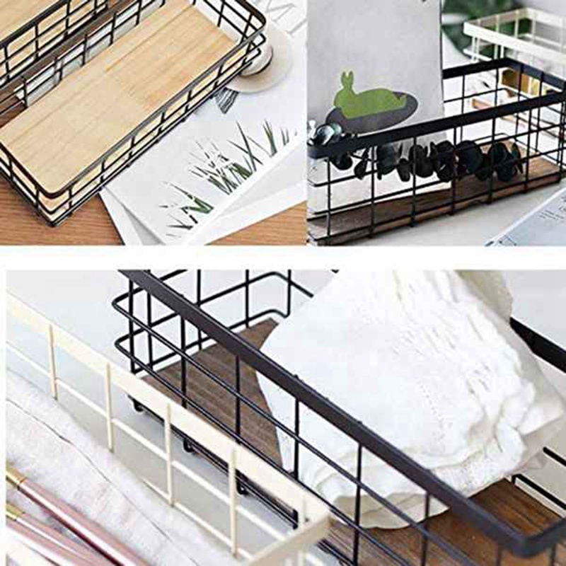 Set 2 Giỏ Đựng Đồ Bằng Kim Loại Với Đế Gỗ Trang Trí Nhà Ở