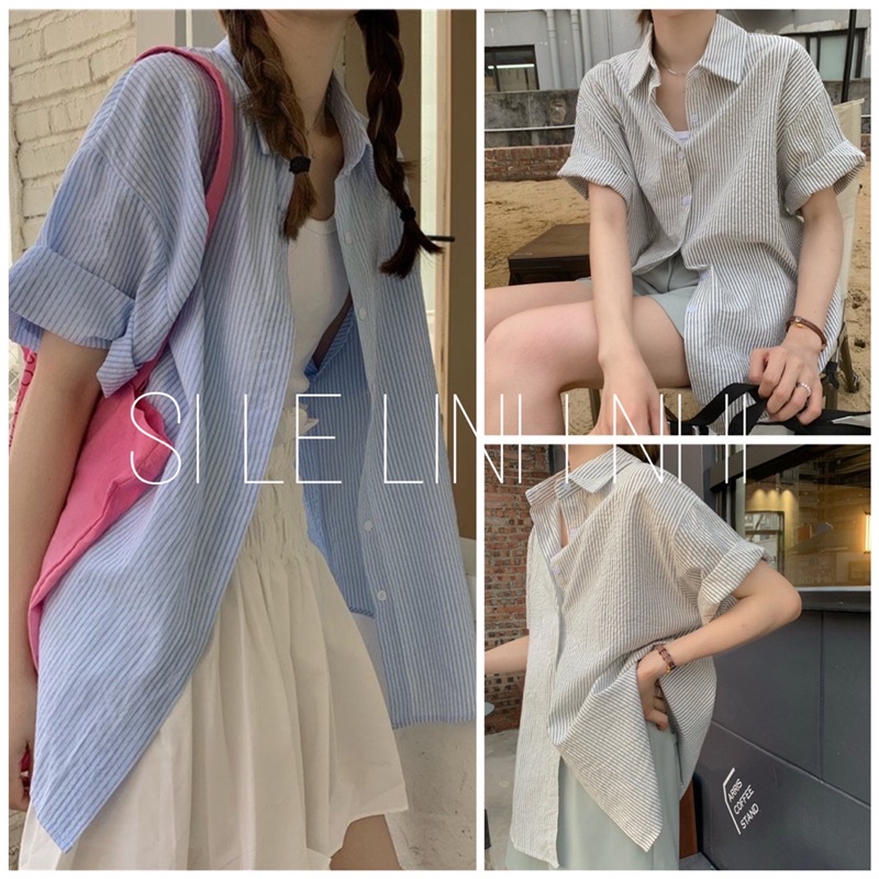 ✨ Áo Sơ Mi Kẻ Cộc Tay Nữ Vải Xốp 🦋 Áo Somi Nữ Ulzzang Dáng Dài 2 Màu 🦋