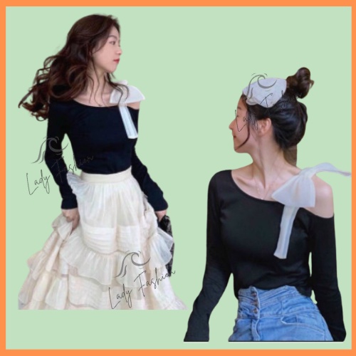 Áo Thun Dài Tay Nữ Lệch Vai Buộc Nơ Dáng Ôm Thun Mềm Mịn Co Giãn 4 Chiều Lady
