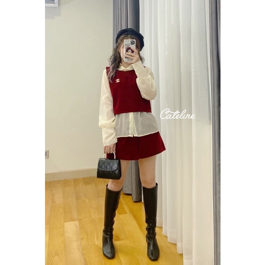 Set sơ mi nữ Cateline cổ bèo voan gile short nhung tiểu thư sang chảnh - SCL007 | BigBuy360 - bigbuy360.vn