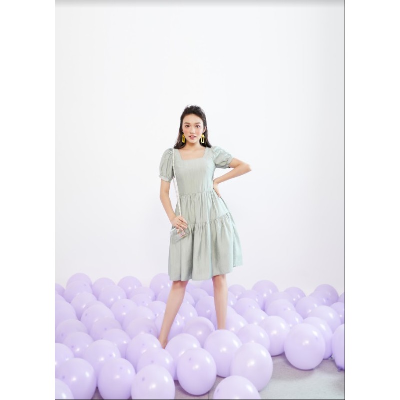 Váy mini xanh olive cổ vuông tùng can 2 tầng 1VA1025  ADORE DRESS