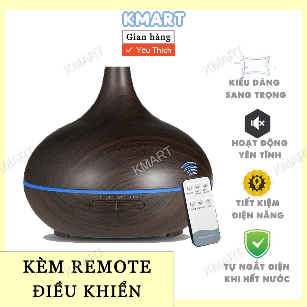 Máy Xông Tinh Dầu Chóp Dài Vân Gỗ Cao Cấp 550ml Tích Hợp Remote Điều Khiển